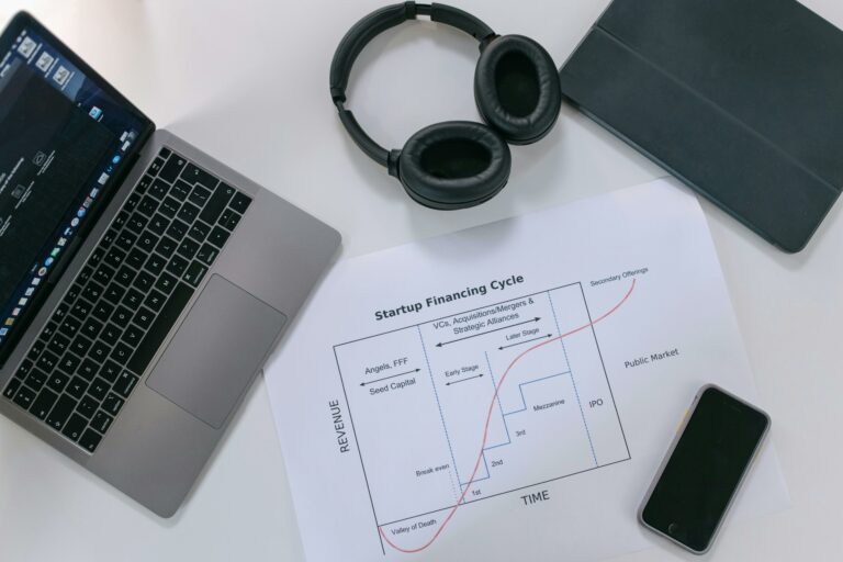 Schreibtisch mit Laptop, Kopfhörern und einem Projektplan.
